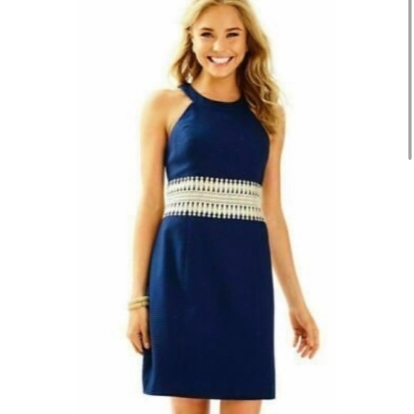 Lilly Pulitzer Dresses & Skirts - Lilly Pulitzer Ashlyn True Navy Blue Shift Gold Waist Halter Mini Dress